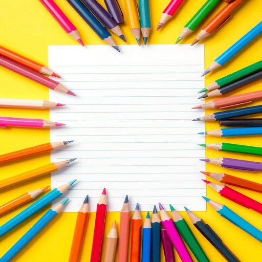 create a vibrant illustration of colorful pens and pencils alongside a blank lined paper on a bright yellow background captured with a DSLR camera at f/2.8 aperture, ISO 100, and 3/60s shutter speed using a top-down view for clarity and detail.