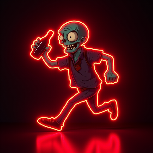 Create an image of a neon sign featuring a cartoon-style zombie in a dynamic pose, holding a bottle. The neon sign should glow in red against a dark background, making the character stand out prominently. The character should appear to be running, capturing attention with its vibrant color and action pose, perfect for advertising or decorative purposes.