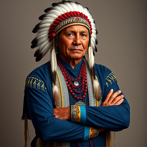 Create a dignified portrait of a Native American man dressed in traditional attire. He wears a beautifully crafted headdress adorned with white feathers and red beads, along with a beaded headband featuring intricate patterns. His clothing includes a deep blue, patterned shirt and a traditional chest piece with detailed beadwork. His arms are crossed, displaying leather armbands decorated with feathers. The background is simple and neutral, emphasizing his proud and stoic expression. The overall image captures the rich cultural heritage and strength of his persona.