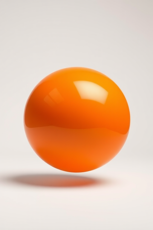Generate a smooth, reflective orange sphere positioned slightly off-center with a soft shadow underneath, captured with a Canon EOS R5 at f/8, ISO 100, 1/200 sec, using a standard 50mm lens from an eye-level angle in a well-lit studio setting.