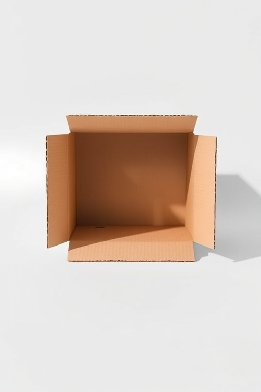 Create a high-resolution image of a simple, open cardboard box centered on a plain background, using a DSLR camera set to f/8 aperture, 50mm lens, ISO 100, with soft natural lighting to enhance depth and shadow details.