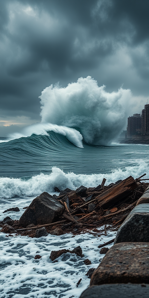 Create a dramatic seascape of a colossal wave crashing towards an urban coastline during a storm, using a Canon EOS R5 with a 24mm f/1.4 lens, ISO 400, shutter speed 1/500 seconds, aperture f/8, in landscape mode, capturing dynamic lighting and intricate details in the waves and debris.