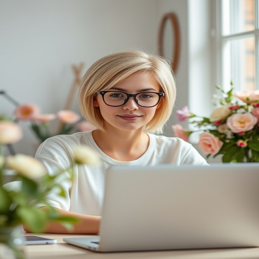 a young woman with short blonde hair and glasses sitting at a laptop in a bright, airy room with floral arrangements, natural light, 50mm lens, f/1.8 aperture, ISO 100, soft focus background, portrait photography, high resolution