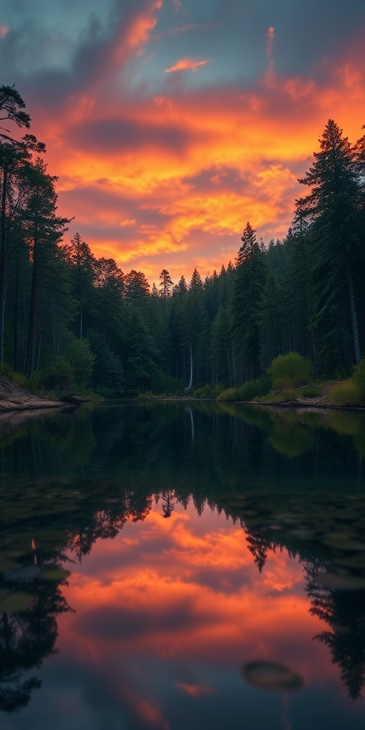 Create a detailed landscape image of a tranquil forest during sunset, utilizing a DSLR camera with a 50mm lens, aperture set to f/1.8, ISO at 200, shutter speed of 1/100 sec, shooting from a low angle view with a slight tilt to capture the rich colors of the sky and reflections in a clear lake.