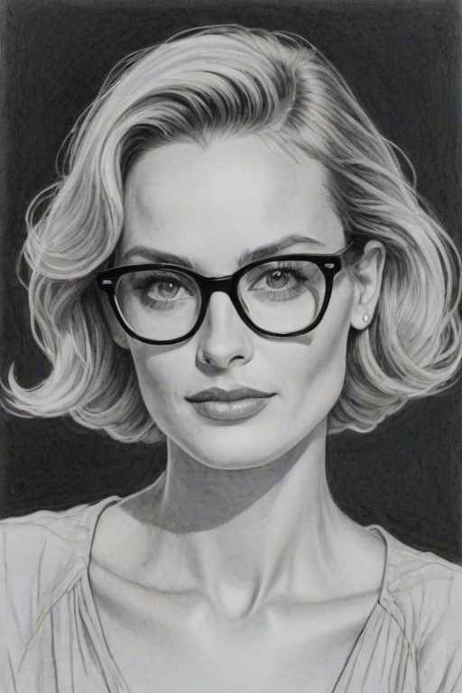 Resplendent Amber Valletta, pencil sketch, portrait of Resplendent woman 1955s in glasses, hair style beatnik, outline, clear lines, fine lines, 8k