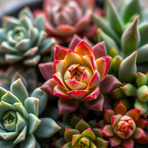 Close-up shot of a variety of succulents with intricate details and vibrant colors, using a Canon EOS R5, 50mm lens, aperture f/2.8, ISO 100, natural light, focus on textures and patterns, shallow depth of field.