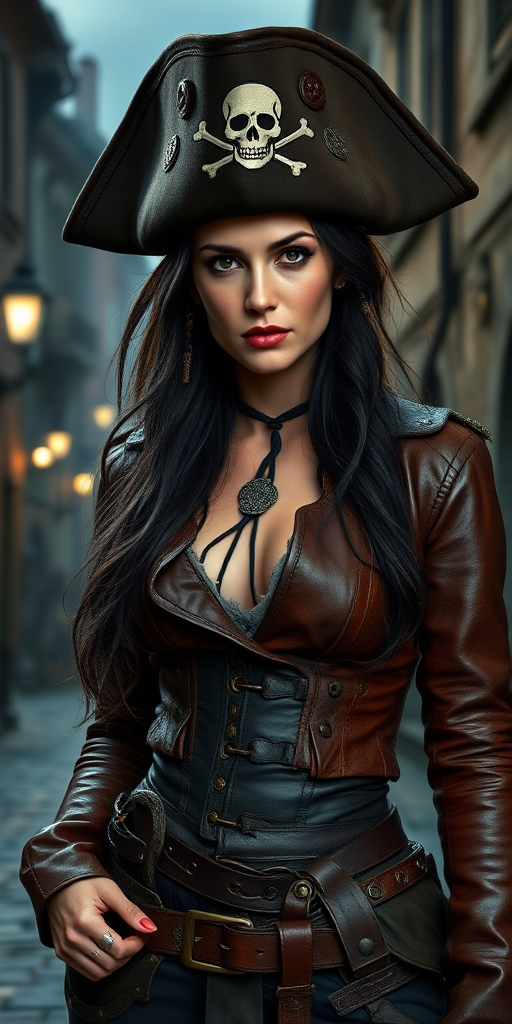 Create a portrait of a fierce female pirate. She wears a leather tricorn hat adorned with a skull and crossbones emblem, and her long, dark hair flows around her face. Her outfit consists of a richly detailed leather jacket, a corset, and multiple layers of belts and accessories, giving her a formidable and stylish appearance. She stands confidently in a dimly lit, historic port town, with a backdrop of weathered buildings and cobblestone streets, capturing the adventurous spirit of a pirate.