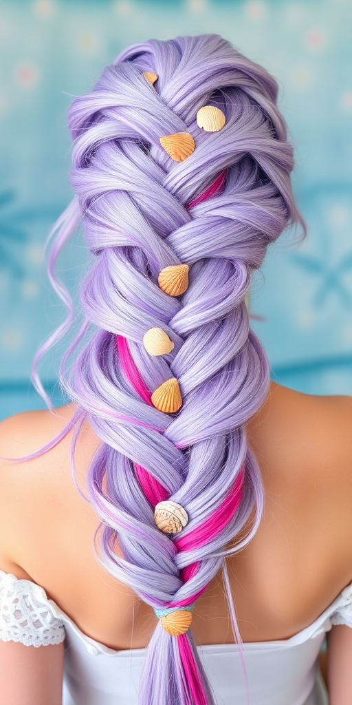 Whimsical mermaid braid in pastel lavender, incorporating colorful extensions and adorned with seashells, embodying a magical underwater-inspired look