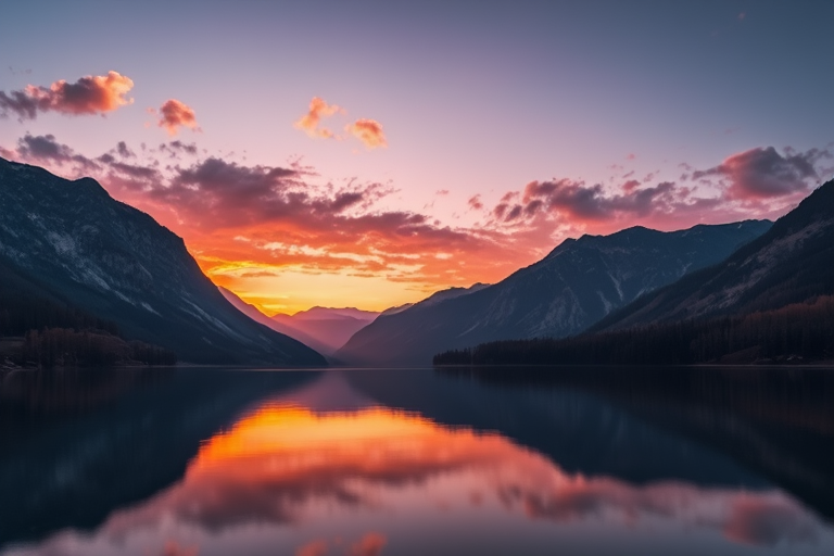 Create a high-resolution image of a serene landscape featuring a calm lake reflecting the mountains during sunset, shot with a Canon EOS 5D Mark IV at f/8, ISO 100, 1/125 sec, using a wide-angle lens for an expansive view in vibrant colors.