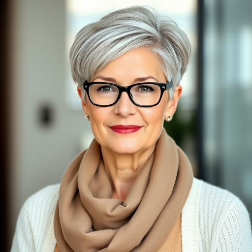Portrait of a mature woman with short silver hair, styled in an asymmetrical pixie cut with side bangs. She wears black-framed glasses and a beige blouse with a white cardigan over it, as well as a bulky scarf in neutral tones. The woman is indoors with soft lighting and a blur in the background. Her expression is serene and confident, highlighting her elegance and modern style.
