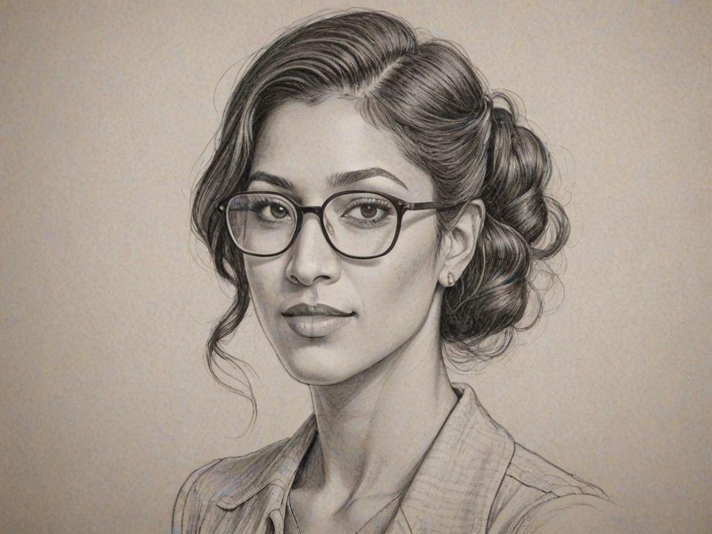 Pleasing Janina Gavankar, pencil sketch, portrait of Splendid woman 1929s in glasses, hair style beatnik, outline, clear lines, fine lines, 8k