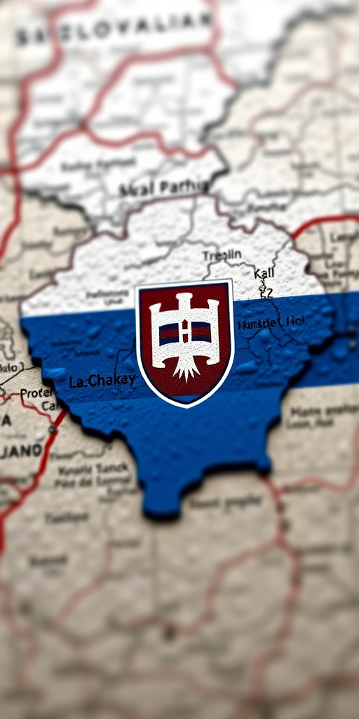 Create a high-resolution image of the map of Slovakia with the Slovak flag colors, focus on vibrant colors and sharp details, use a DSLR camera with a 50mm lens, aperture set to f/2.8, ISO 100, natural daylight, and a slight tilt-shift effect to enhance depth.