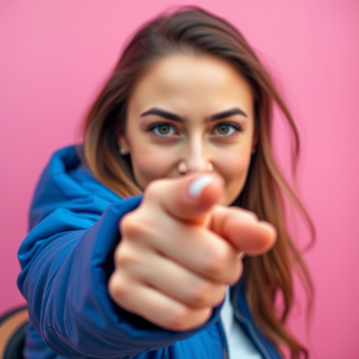 portrait of a woman in a blue jacket pointing at the camera, soft focus, 50mm lens, f/1.8 aperture, natural light, shallow depth of field, taken with a DSLR camera, colorful pink background