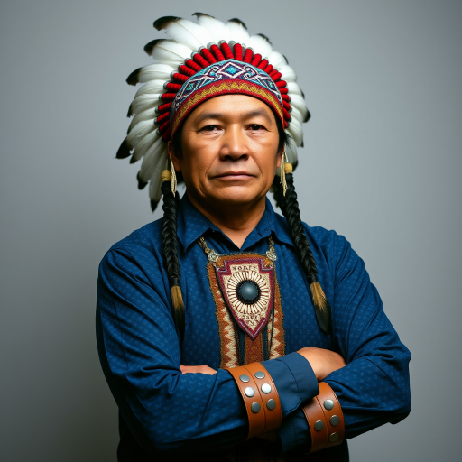 Create a dignified portrait of a Native American man dressed in traditional attire. He wears a beautifully crafted headdress adorned with white feathers and red beads, along with a beaded headband featuring intricate patterns. His clothing includes a deep blue, patterned shirt and a traditional chest piece with detailed beadwork. His arms are crossed, displaying leather armbands decorated with feathers. The background is simple and neutral, emphasizing his proud and stoic expression. The overall image captures the rich cultural heritage and strength of his persona.