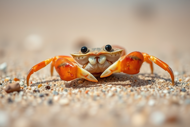 Capture a close-up of a crab on the beach using a Canon EOS 5D Mark IV, 100mm macro lens, f/8 aperture, ISO 200, 1/250s shutter speed, shallow depth of field, natural lighting.