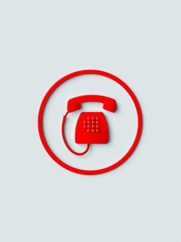 Create a high-resolution vector image of a red telephone icon within a circular border, using a DSLR camera at f/5.6, ISO 100, and a 50mm lens, in a flat lay perspective with soft, even lighting.