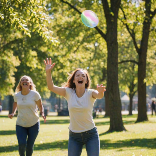 Blurry action shot of a woman playing frisbee with friends at a sunny park, laughter in the air as she leaps to catch the disc, with vibrant trees and a clear blue sky around.