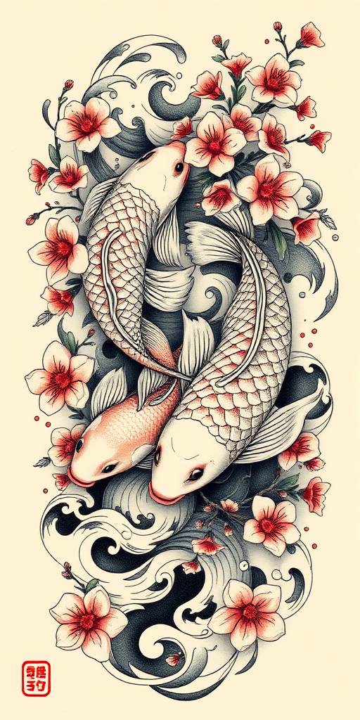 Japanese-inspired "Koi Cascade" tattoo composition showcasing graceful koi fish swimming through swirling water and cherry blossoms with meticulous attention to detail and flowing organic forms