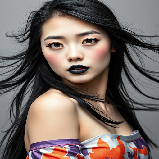 Photographic image of a beautiful young Ainu woman, brown eyes, lips with black lipstick, long hair fluttering in the wind and wearing a silk strapless dress with a soft purple and orange print. monochrome image with only color highlights in the iris of the eyes, lipstick and dress. Gray background.