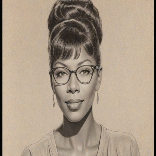 Charming Natalie Cole, pencil sketch, portrait of Enchanting woman 1944s in glasses, hair style beatnik, outline, clear lines, fine lines, 8k