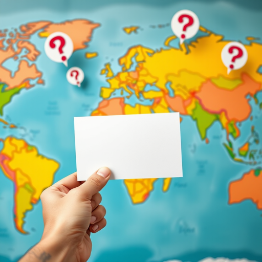 Create an image of a hand holding a blank card over a stylized world map, featuring floating question mark bubbles, shot with a Canon EOS 5D Mark IV, 50mm lens, aperture f/2.8, ISO 100, in a vibrant, high-contrast color style with a sharp focus on the foreground and a slightly blurred background.