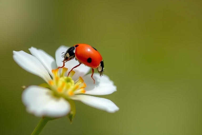 Close-up photograph of a ladybug perched on a white flower, shallow depth of field, f/2.8 aperture, 50mm lens, ISO 100, natural light, taken with a DSLR camera, focus on the ladybug with soft blurred background for enhanced image quality.