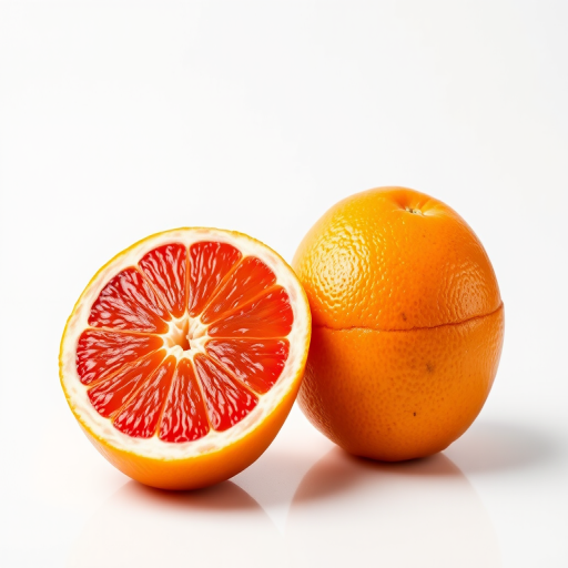 Create a high-resolution illustration of a sliced grapefruit next to an orange on a clean white background, using a Canon EOS 5D Mark IV, aperture f/2.8, ISO 100, 50mm lens, and a soft light setup for enhanced vibrancy and detail.