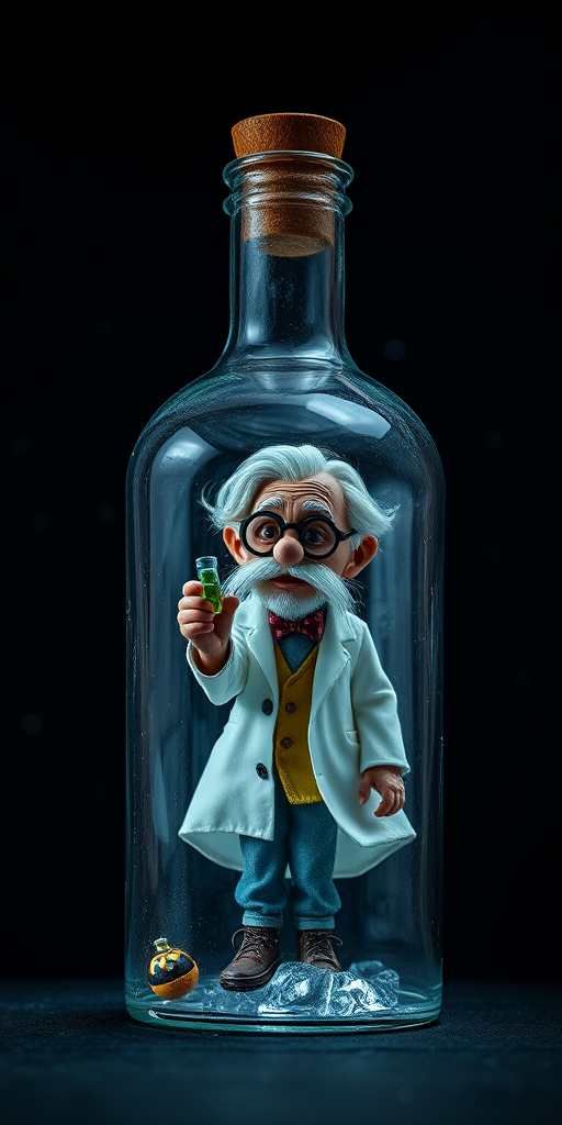 Create a high-resolution image of a whimsical character, resembling an old scientist, trapped inside a transparent bottle against a starry black background, using a full-frame DSLR camera with a 50mm lens, f/1.8 aperture, ISO 100, and a long exposure of 2 seconds to capture details and enhance the contrast.
