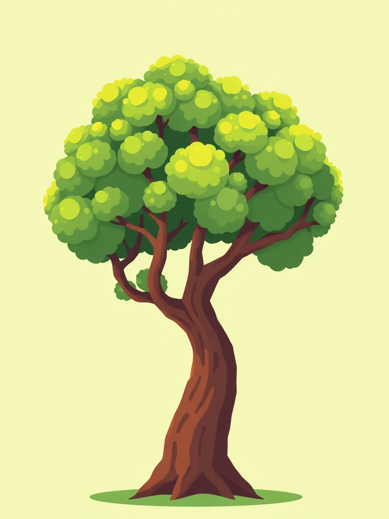 Create a vibrant illustration of a stylized tree with a thick, curved trunk and lush, rounded foliage on a light green background, captured in a minimalist digital art style using a high-resolution camera setting of 300 DPI, with a wide-angle lens to enhance the tree's shape and presence, ensuring a clean, clear view.