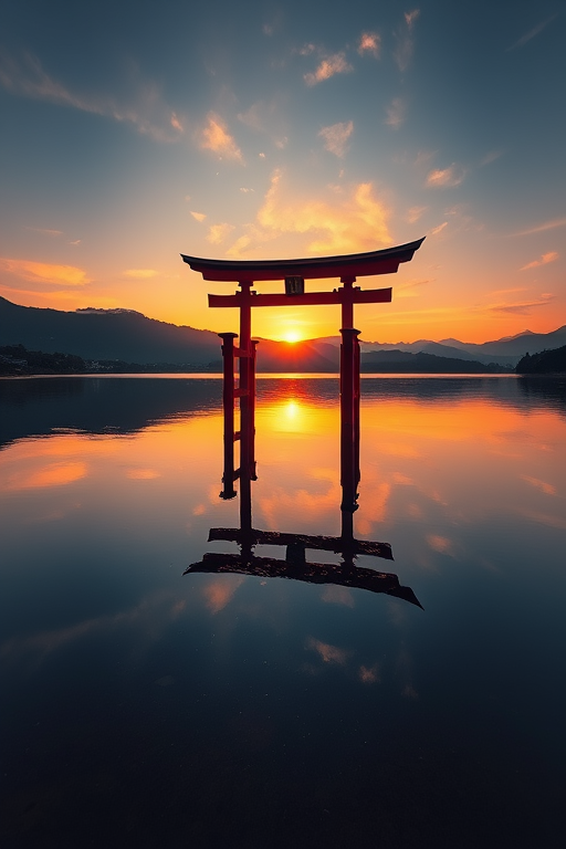 A serene sunrise over a reflective lake featuring a traditional torii gate, captured with a Canon EOS R5, f/8 aperture, 1/125s shutter speed, ISO 100, using a wide-angle lens at 24mm, HDR style with vibrant colors and high dynamic range to enhance clarity and detail.