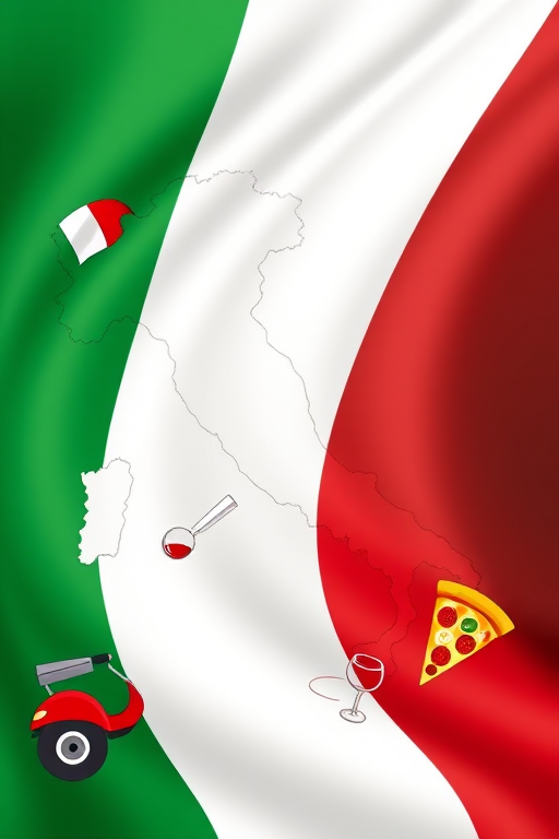 Create an illustration of the Italian flag with a smooth wave effect, featuring iconic symbols like a scooter, a car, a glass of wine, and a slice of pizza, using a Canon EOS R5 camera with a 50mm lens, f/1.8 aperture, ISO 100, and soft natural lighting for enhanced clarity and vibrancy.