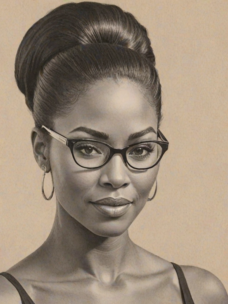 Sublime Kenya Moore, pencil sketch, portrait of Fetching woman 1958s in glasses, hair style beatnik, outline, clear lines, fine lines, 8k