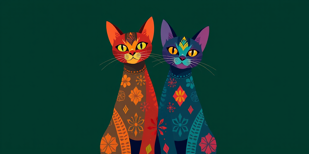 Create an illustration of two abstract cats with decorative patterns in vibrant colors against a dark green background, shot with a Canon EOS R5, 50mm lens, f/2.8 aperture, ISO 100, soft focus style.