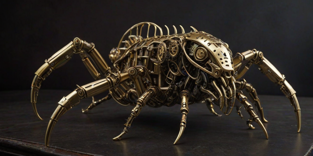 Create a high-intensity, high-resolution image of a steampunk scorpion, featuring intricate clockwork mechanisms and brass gears. The scorpion should have metallic limbs with elaborate jointed segments, showcasing a blend of Victorian-era aesthetics and futuristic technology. The body should be adorned with cogwheels, pistons, and small steam vents emitting a subtle mist, the front pinchers should up up and open. Capture the scene with dramatic lighting to emphasize the mechanical details, giving it a sense of motion and life