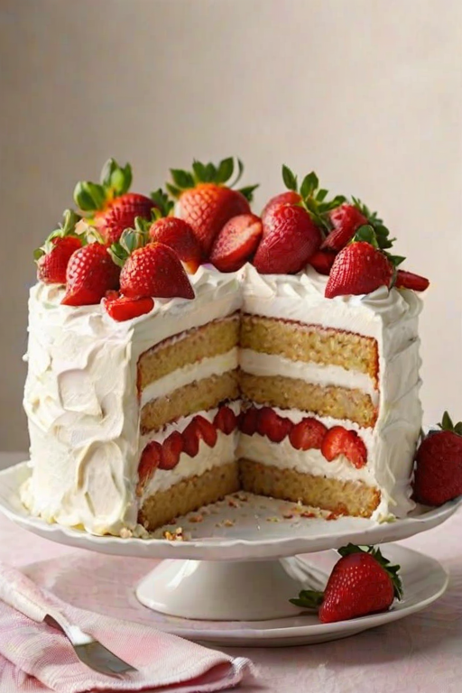 Create an image of a layered cake with fresh strawberries and whipped cream on top. The cake should have a moist, light texture and be presented on a woven platter. Include some strawberries around the cake and have a slice cut out to show the layers inside. The background should be simple and elegant, with soft lighting.