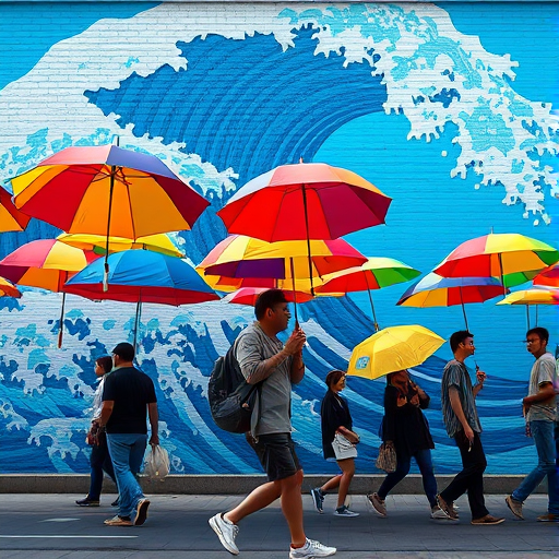 Capture a scene of pedestrians walking under colorful umbrellas against a vibrant blue wave mural, using a Canon EOS R5 with a 50mm lens, f/2.8 aperture, ISO 200, 1/500 sec shutter speed, shot from a low angle to emphasize the umbrellas and mural detail.