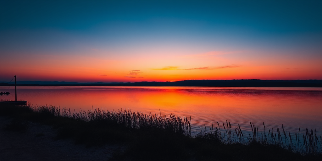Create a high-resolution image of a serene sunset over a calm lake, captured with a DSLR camera at f/11, ISO 100, shutter speed 1/125s, 24mm wide-angle lens, using a landscape format with vibrant colors and soft reflections on the water.