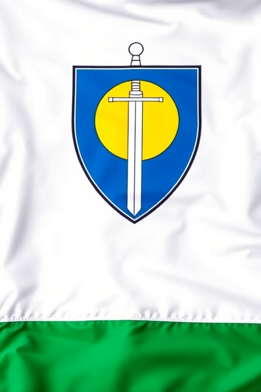 Create an image of a flag featuring a blue shield with a yellow circle and a sword, set against a white top and green bottom, captured with a DSLR camera at f/8 aperture, ISO 100, 50mm lens, in natural light for optimal clarity and color saturation.