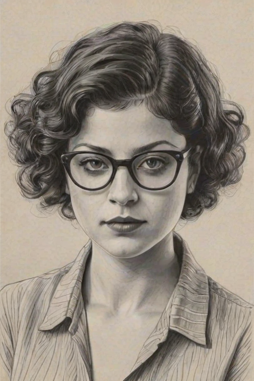 Ravishing Alia Shawkat, pencil sketch, portrait of Splendid woman 1927s in glasses, hair style beatnik, outline, clear lines, fine lines, 8k