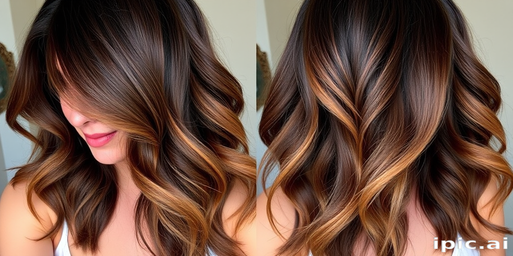 Rich chocolate brown hair styled in loose, beachy waves with subtle caramel balayage highlights, exuding effortless elegance in the "Sun-Kissed Mocha" look