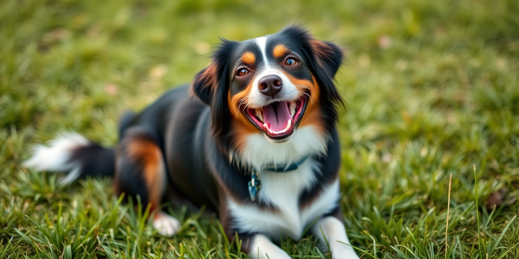 A happy dog sitting on green grass, captured with a Canon EOS R5 camera, 50mm f/1.8 lens, aperture f/2.8, ISO 200, soft natural lighting, shallow depth of field, portrait style.