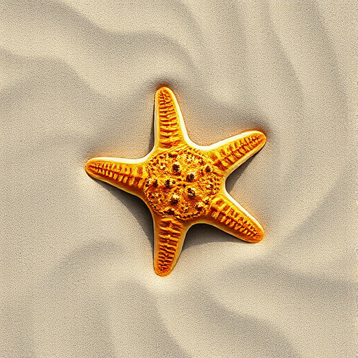 Create a detailed illustration of a starfish on a sandy ocean floor, using a DSLR camera with a 50mm lens, aperture f/2.8 for sharp focus, ISO 100 for low grain, shot from a top-down view to capture the texture of the sand and the starfish.