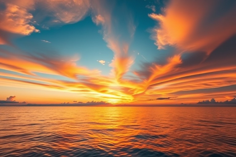 Create a vibrant image of a sunset over a calm ocean, using a DSLR camera with a 24mm lens, aperture f/8, ISO 100, and a shutter speed of 1/200s, shot from a low angle to capture reflections on the water, with a focus on warm colors and dramatic cloud patterns.