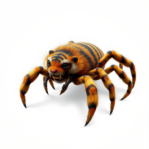 This charming yet frightening Spider Tiger features six legs, a hairy, furry body, and a cat-like tiger physique combined with an insectoid tiger head and tiger legs. The furry head further adds to the creature's unique appearance, creating a captivating blend of cuteness and fear that makes this six-legged, furry, insect-inspired tiger both adorable and scary.