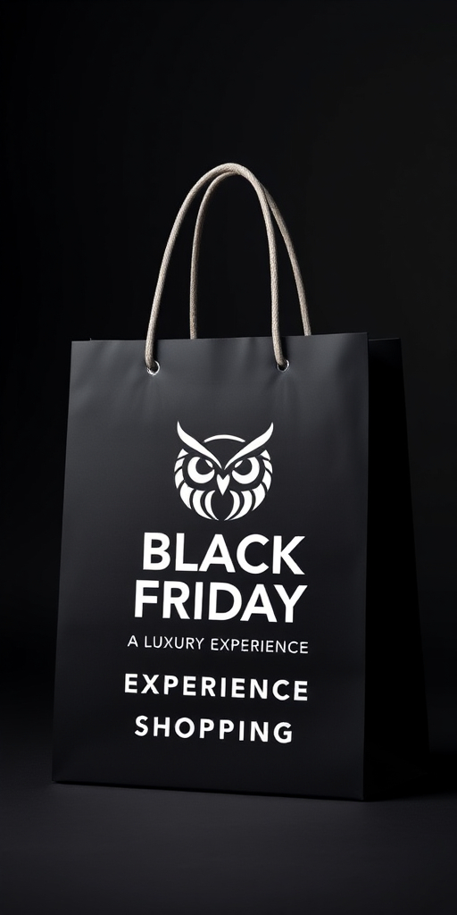create a premium quality image of a shopping bag featuring an owl logo with the text "BLACK FRIDAY A LUXURY SHOPPING EXPERIENCE" and "EXPERIENCE SHOPPING" on a dark gradient background, use a DSLR camera with a 50mm lens, aperture f/1.8, ISO 200, 1/200 sec shutter speed, and soft diffused lighting for clarity and depth.