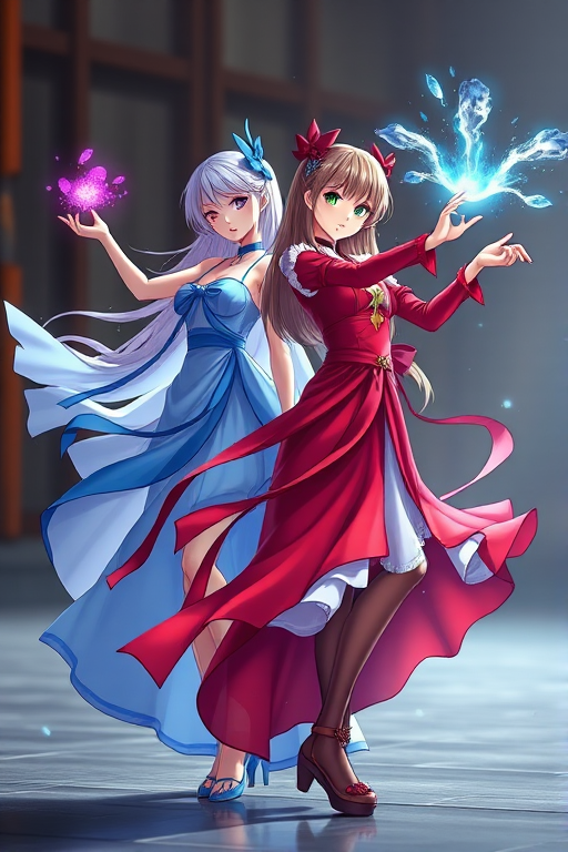 Generate an image of two female characters, one in a flowing blue dress and the other in a striking red dress, each displaying unique magical poses, captured with a DSLR camera at ISO 100, f/2.8 aperture, 50mm lens, with a shallow depth of field and soft focus background.