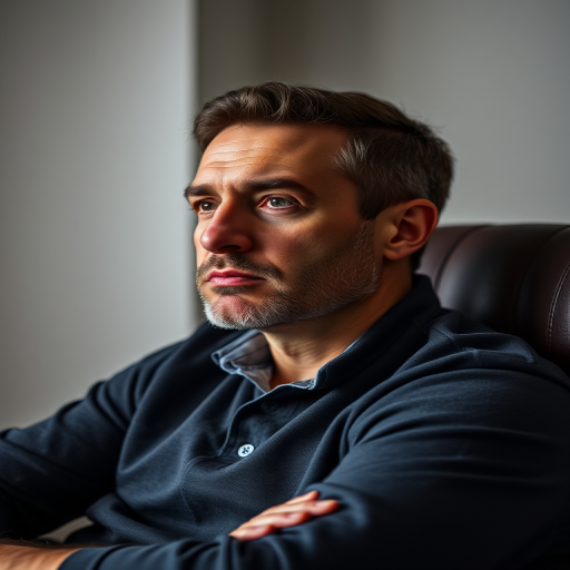 portrait of a man sitting in a chair with a thoughtful expression, soft lighting, 50mm lens, f/2.8, ISO 100, natural light, capture from eye level, shallow depth of field, studio setting, neutral background