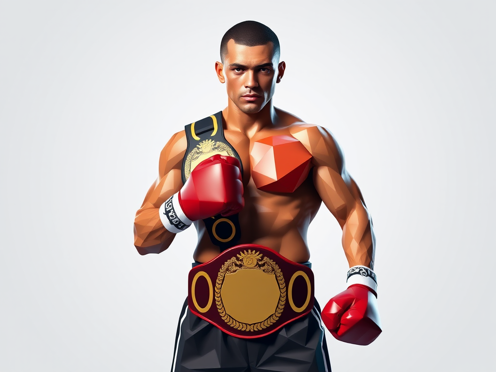 Create a high-resolution polygonal art rendering of a muscular boxer standing confidently with a championship belt, vibrant colors and sharp geometric shapes, shot with a DSLR camera at f/2.8, ISO 100, 35mm focal length, portrait view, vibrant color profile.