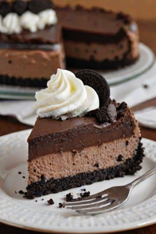 Create an image of a slice of decadent chocolate Oreo cheesecake. The cheesecake should have layers of creamy chocolate and vanilla, with crushed Oreos mixed in. The top should be adorned with a generous layer of chocolate ganache and whole Oreo cookies. The plate should have a few scattered Oreo crumbs for decoration, and the background should be a simple, inviting kitchen setting.