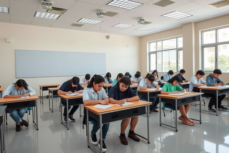 a classroom setting with students sitting at desks during an exam, captured from a wide angle perspective, using a Canon EOS R5 with a 24mm f/1.4 lens, aperture f/2.8, ISO 400, natural lighting, focus on students and desks, showing an organized and serene atmosphere